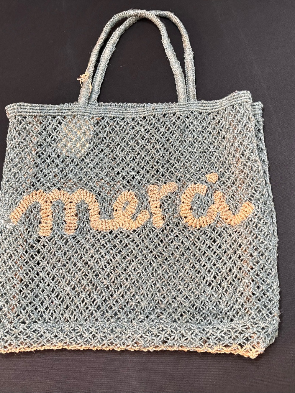 JACKSON Crochet Jute Tote in light Blue with Natural Lettering - Picture 3 of 13